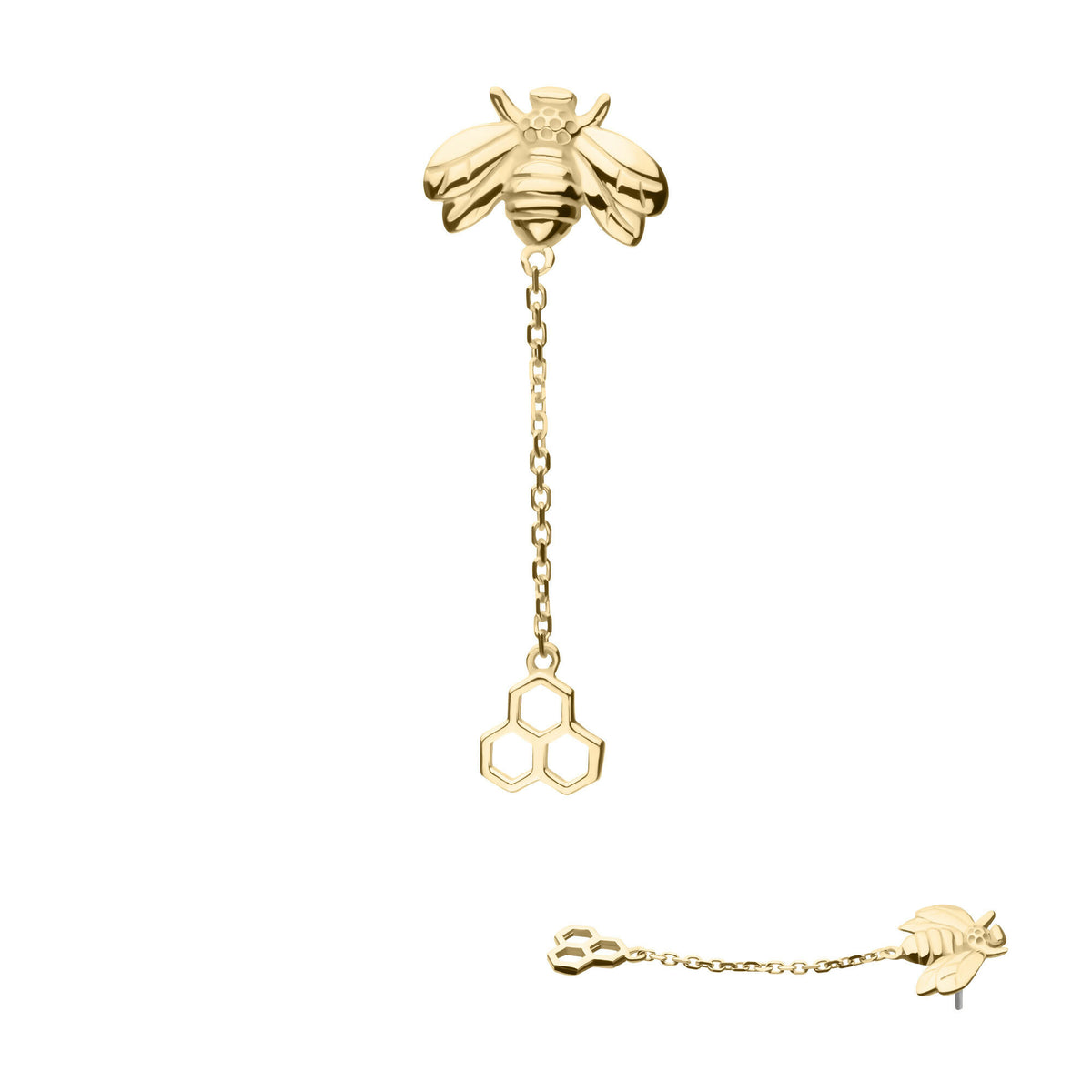 14Kt Gold Honeycomb Bee Chain Dangle Flatback Stud Earring/Nosering ...