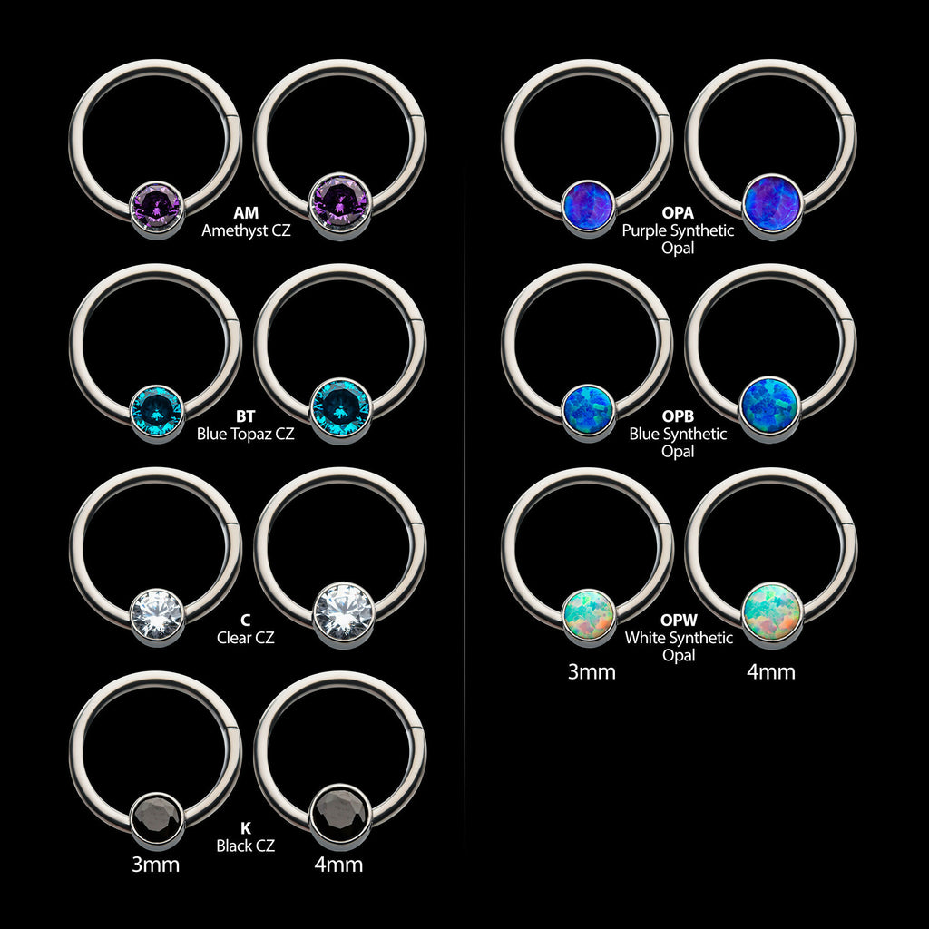 16g Titanium with Bezel Set CZ/Synthetic Opal Flat Back Front Facing Hinged Segment Ring Earring / Nosering