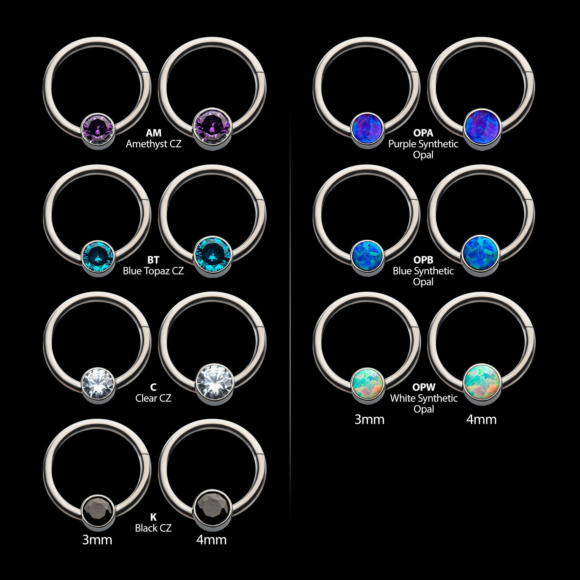 16g Titanium with Bezel Set CZ/Synthetic Opal Flat Back Front Facing Hinged Segment Ring Earring / Nosering