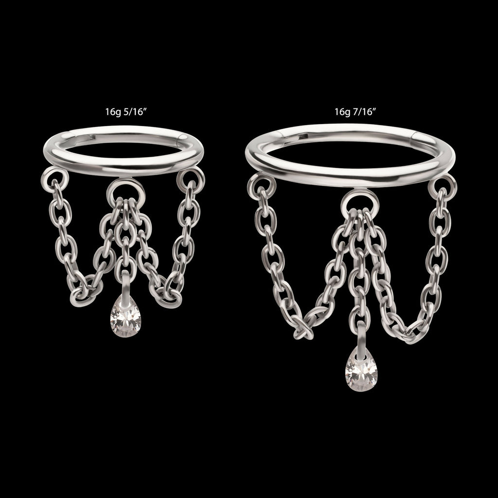 Triple Chain Dangle with Floating Teardrop Gem Hinged Segment Clicker Hoop Earring / Nosering – Titanium
