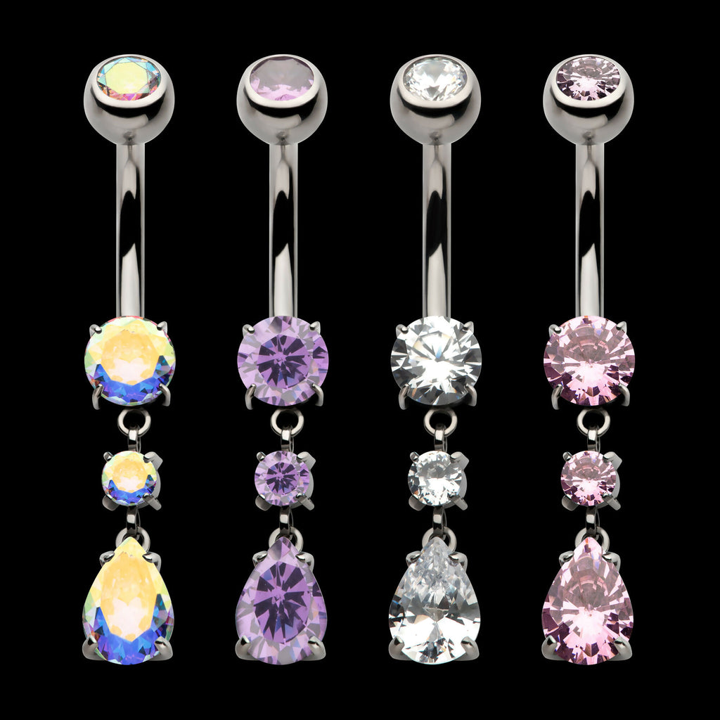 Internally Threaded Double Dangle Prong Set Round and Teadrop Gem Navel Earring / Nosering – Titanium