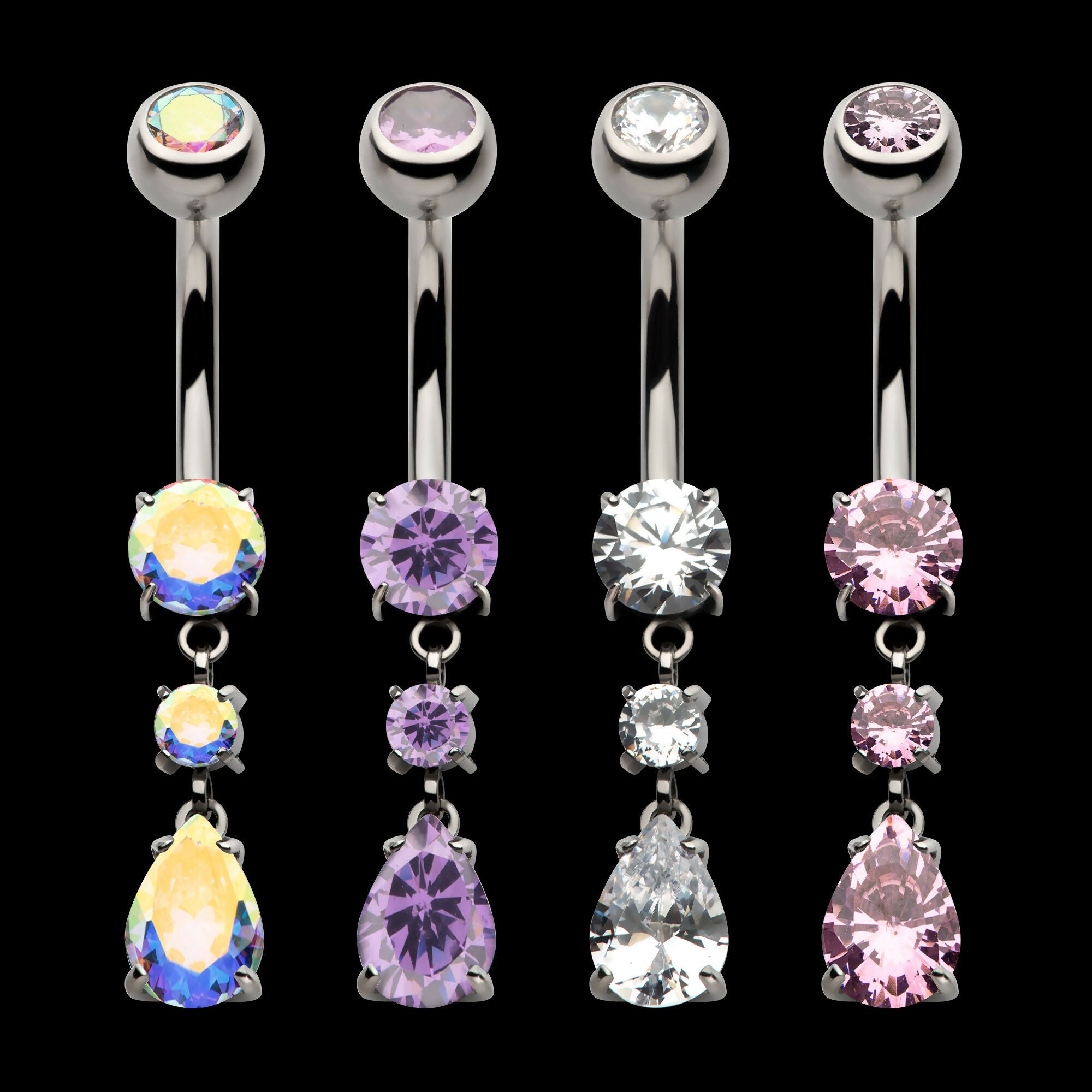 Internally Threaded Double Dangle Prong Set Round and Teadrop Gem Navel Earring / Nosering – Titanium