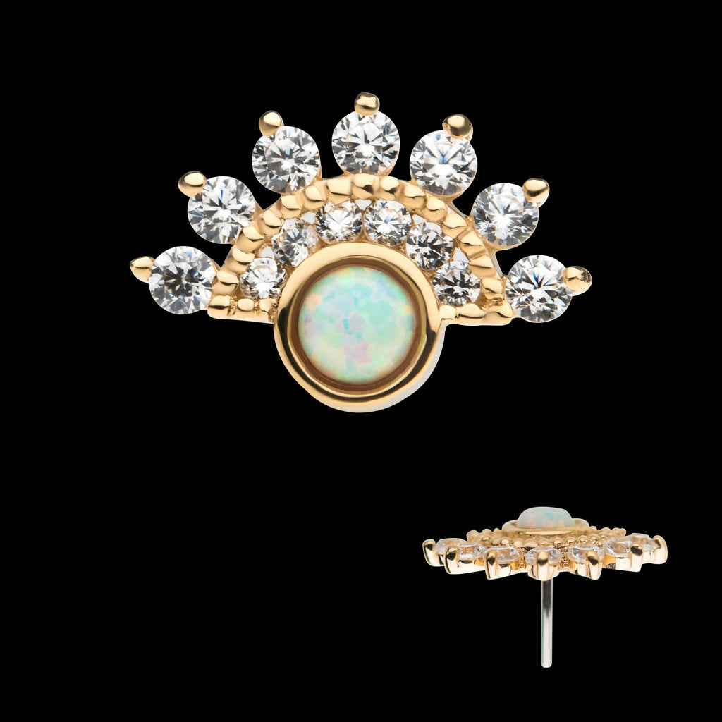 14Kt Yellow Gold Threadless with Bezel Set White Synthetic Opal & Prong Set Clear CZ Fan Cluster Top