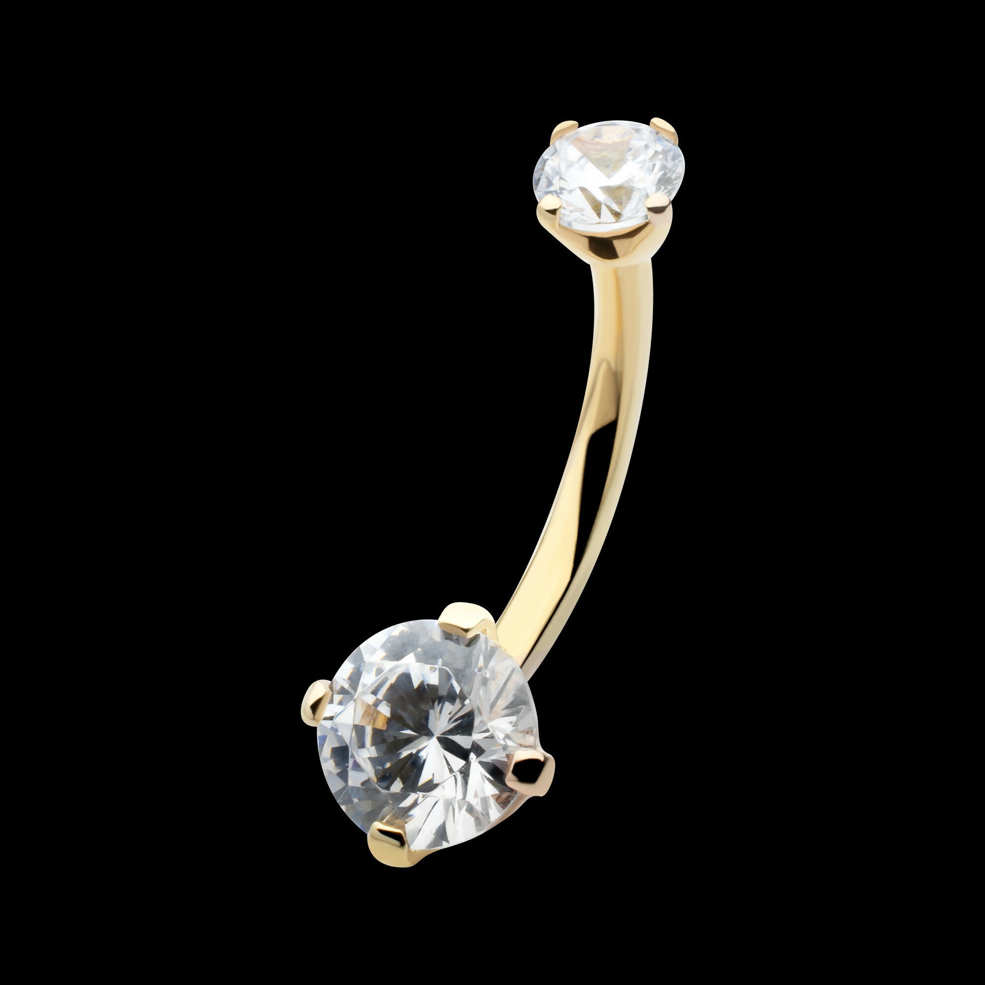 Internally Threaded Double Round 4-Prong Clear CZ Fixed Bottom Navel Earring / Nosering – 14Kt Gold