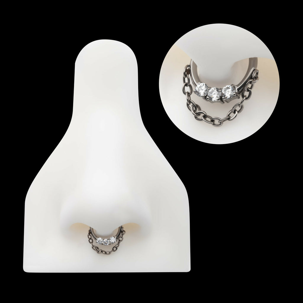 3-Cluster Prong Set Round CZ Front Facing Hinged Segment Clicker with Dangle Chain Hoop Earring / Nosering – Titanium