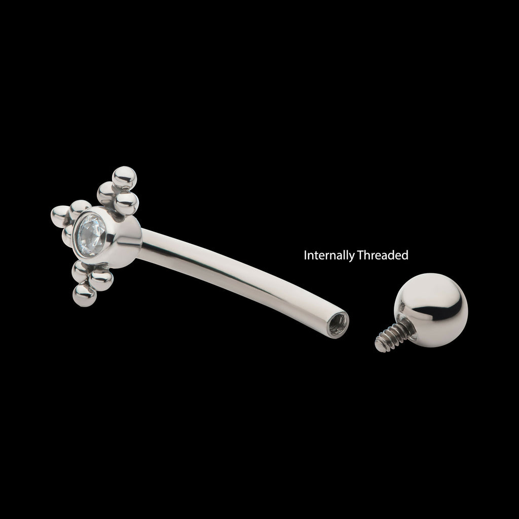 Internally Threaded with Tri Beads Set & Bezel Set Clear AAA CZ Fixed Top Curved Barbell Earring / Nosering – Titanium