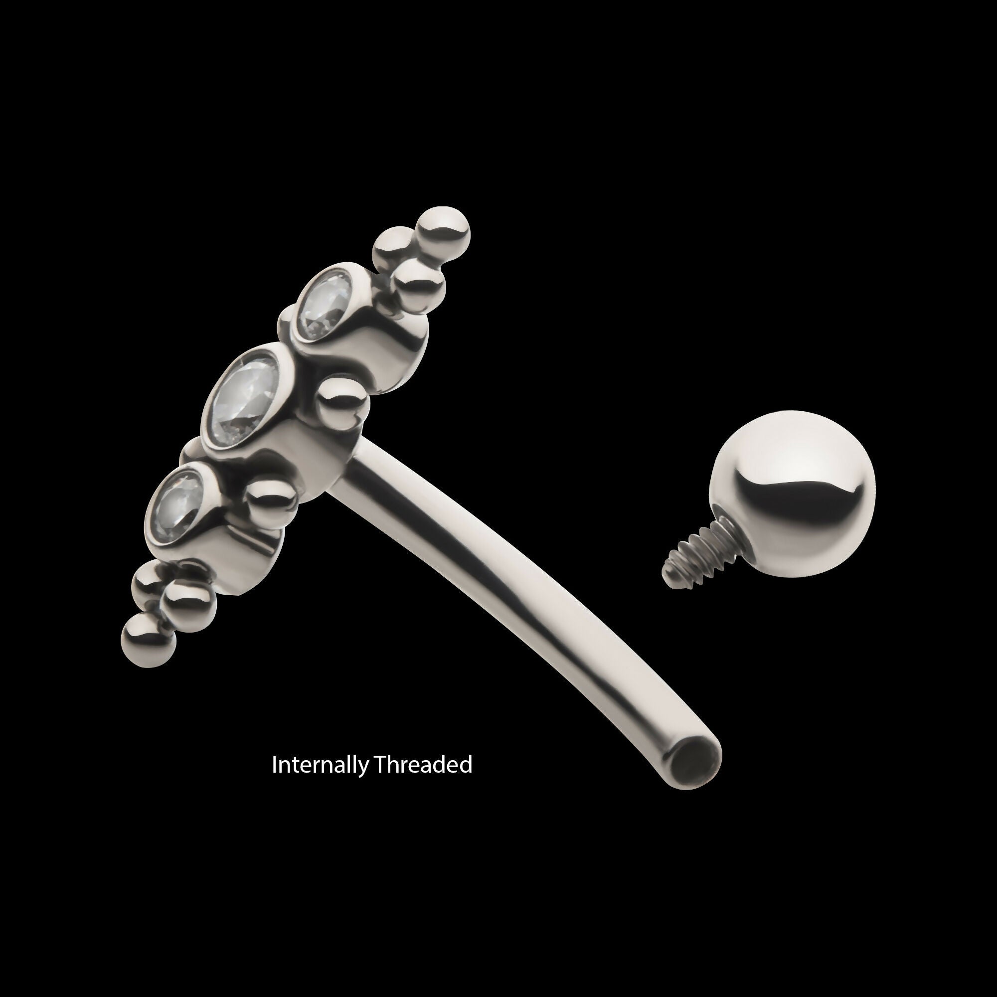 Internally Threaded with Beaded Bezel Set CZ 3-Cluster Fixed Top Curved Barbell Earring / Nosering – Titanium