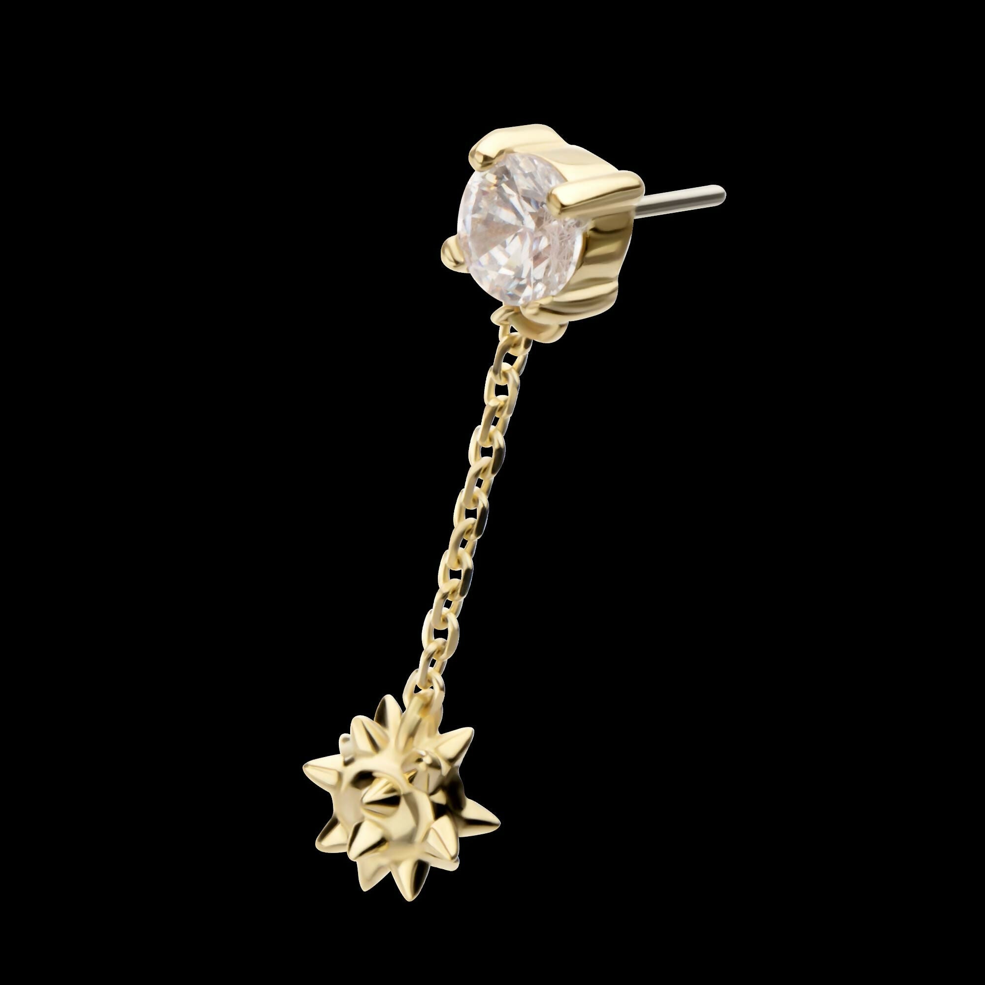 14Kt Gold Threadless Prong Set Gem Top with Mace Ball Dangle