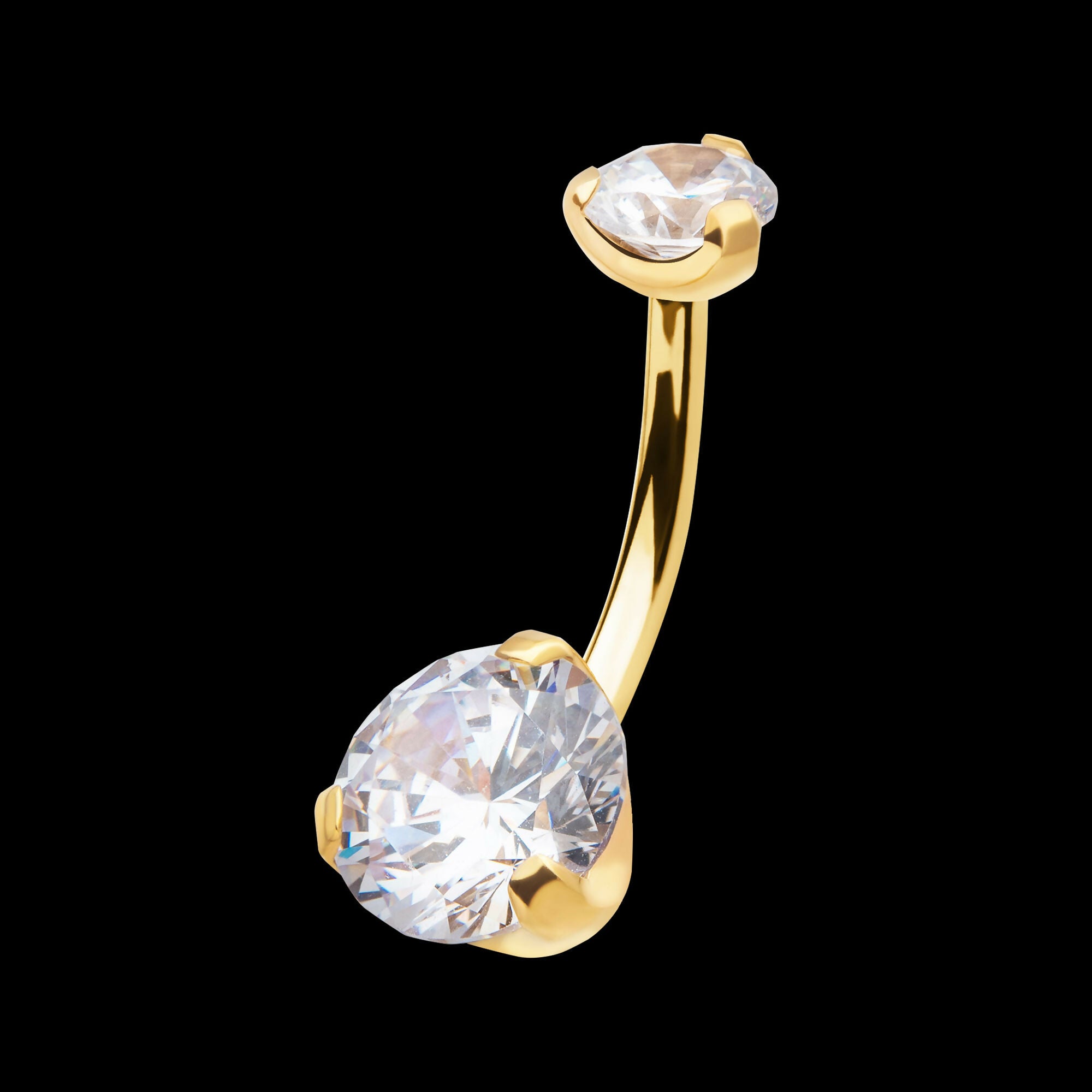24KT Gold PVD Titanium Internally Threaded Double Prong Set Clear CZ Fixed Bottom Navel Earring / Nosering