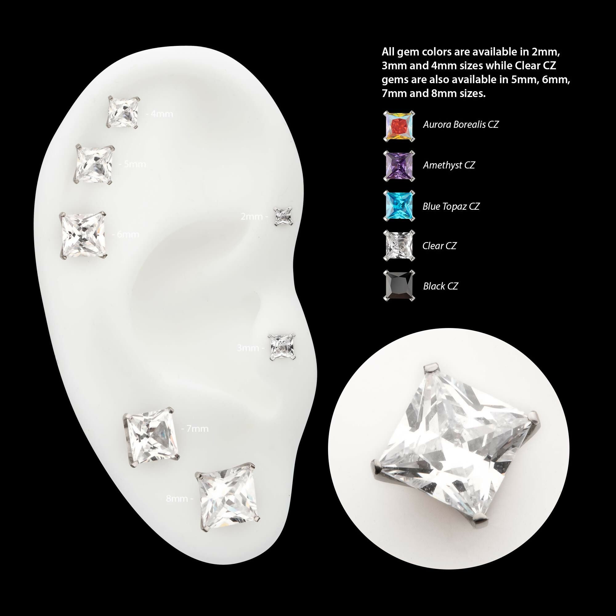 Titanium Threadless 4 Prong Princess Cut Gem Top