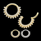 Two Row Prong Set Gem Cluster Front Facing Hinged Segment Clicker Hoop Earring / Nosering – 14Kt White Gold