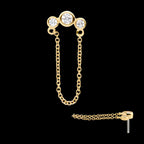 14Kt Yellow Gold Threadless with Bezel Set CZ 3-Cluster Top with Dangling Chain
