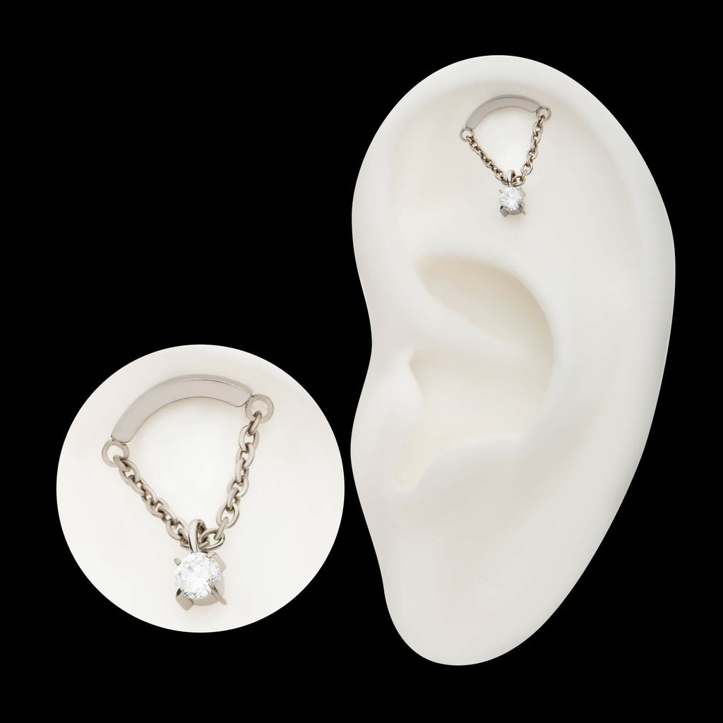 Titanium Threadless Curved Bar Top with Dangle Chain & Prong Set Round AAA CZ