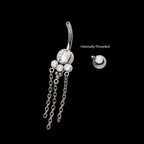 Internally Threaded Bezel Set Round Gem Cluster Navel with Tri-Bead and Triple Chain Dangle Earring / Nosering – Titanium