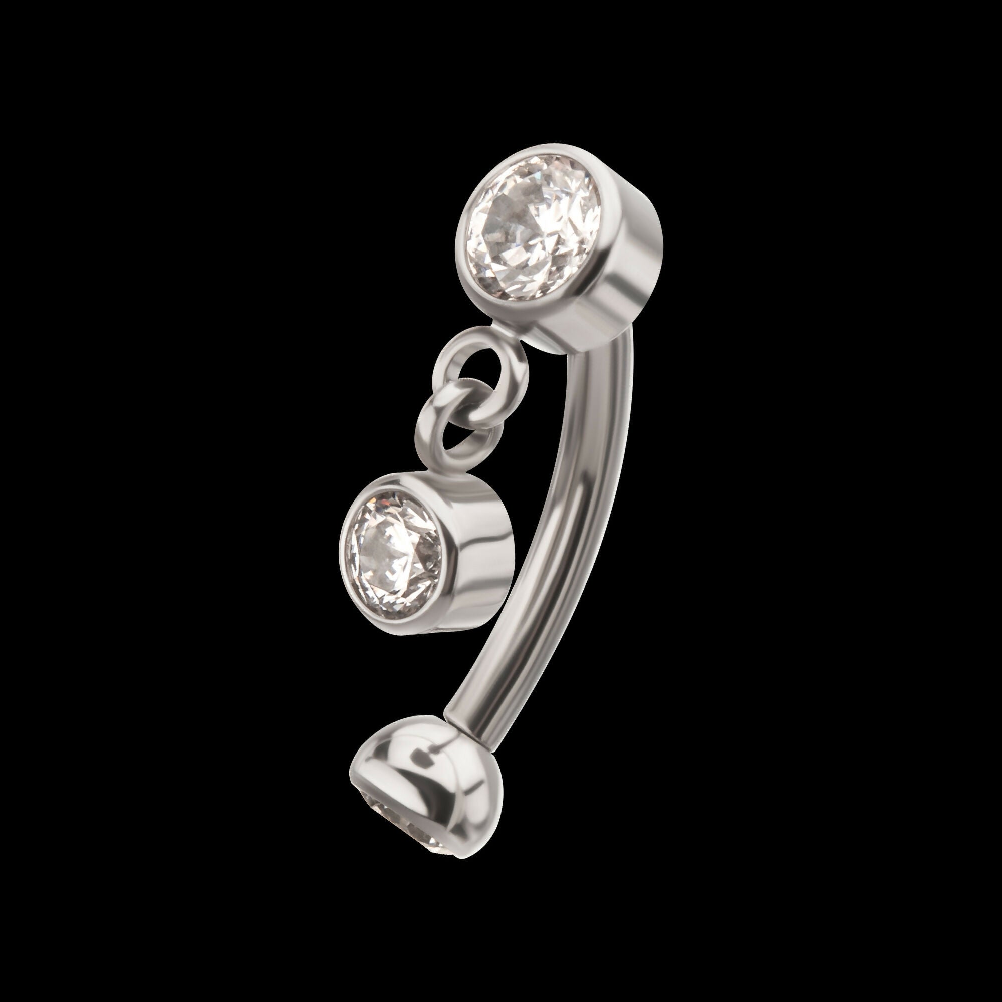Internally Threaded Bezel Gem Fixed Top Curved Barbell with Floating Round CZ Dangle Earring / Nosering – Titanium