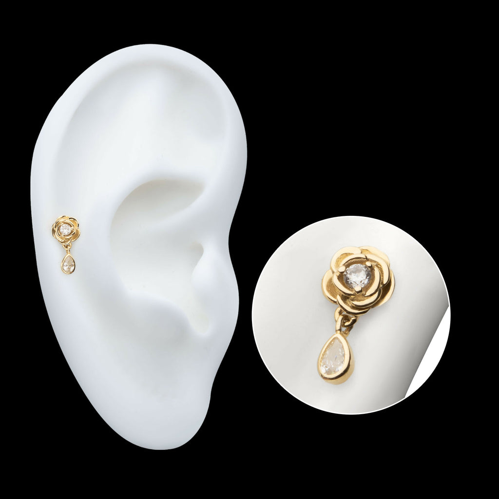 Prong Set Round Gem Rose Flower with Teardrop Dangle Flatback Stud Earring / Nosering - Gem in 14Kt Yellow Gold
