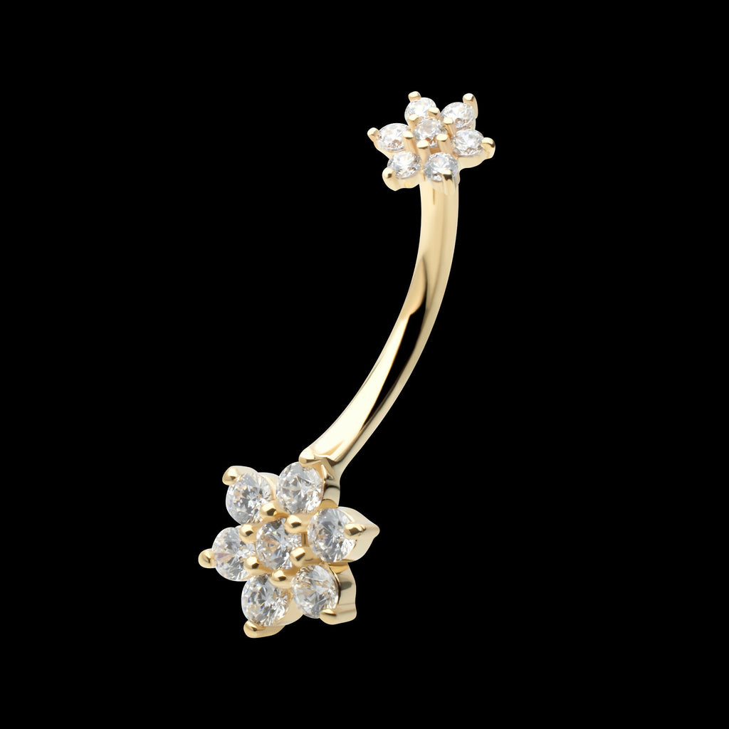 Internally Threaded Pronged Round Clear CZ Double Flower Shape Fixed Bottom Navel Earring / Nosering – 14Kt Yellow Gold