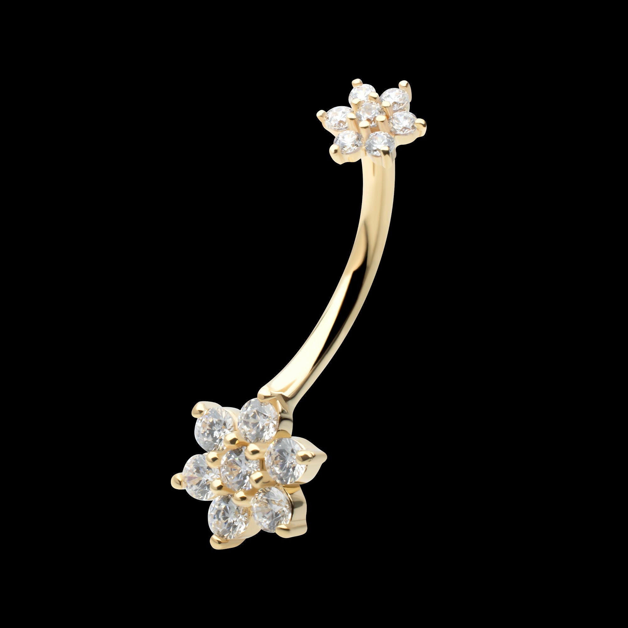 Internally Threaded Pronged Round Clear CZ Double Flower Shape Fixed Bottom Navel Earring / Nosering – 14Kt Yellow Gold