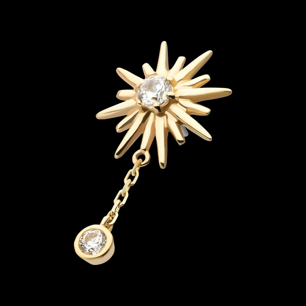 14Kt Gold Threadless Double Prong Set CZ Sunburst with Dangle Chain Top