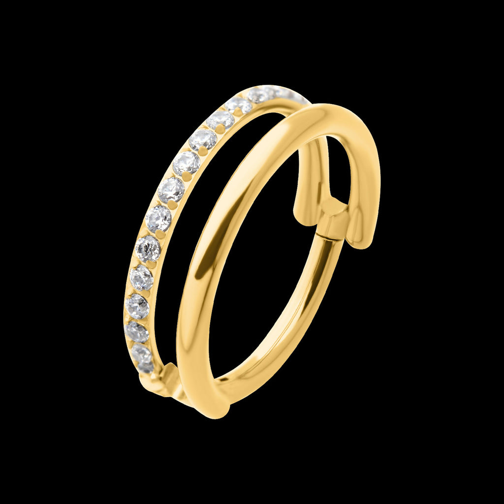 24Kt Gold PVD Titanium Side Facing Hinged Segment Clicker with Single Hoop Full Clear CNC Set Round CZ Earring / Nosering