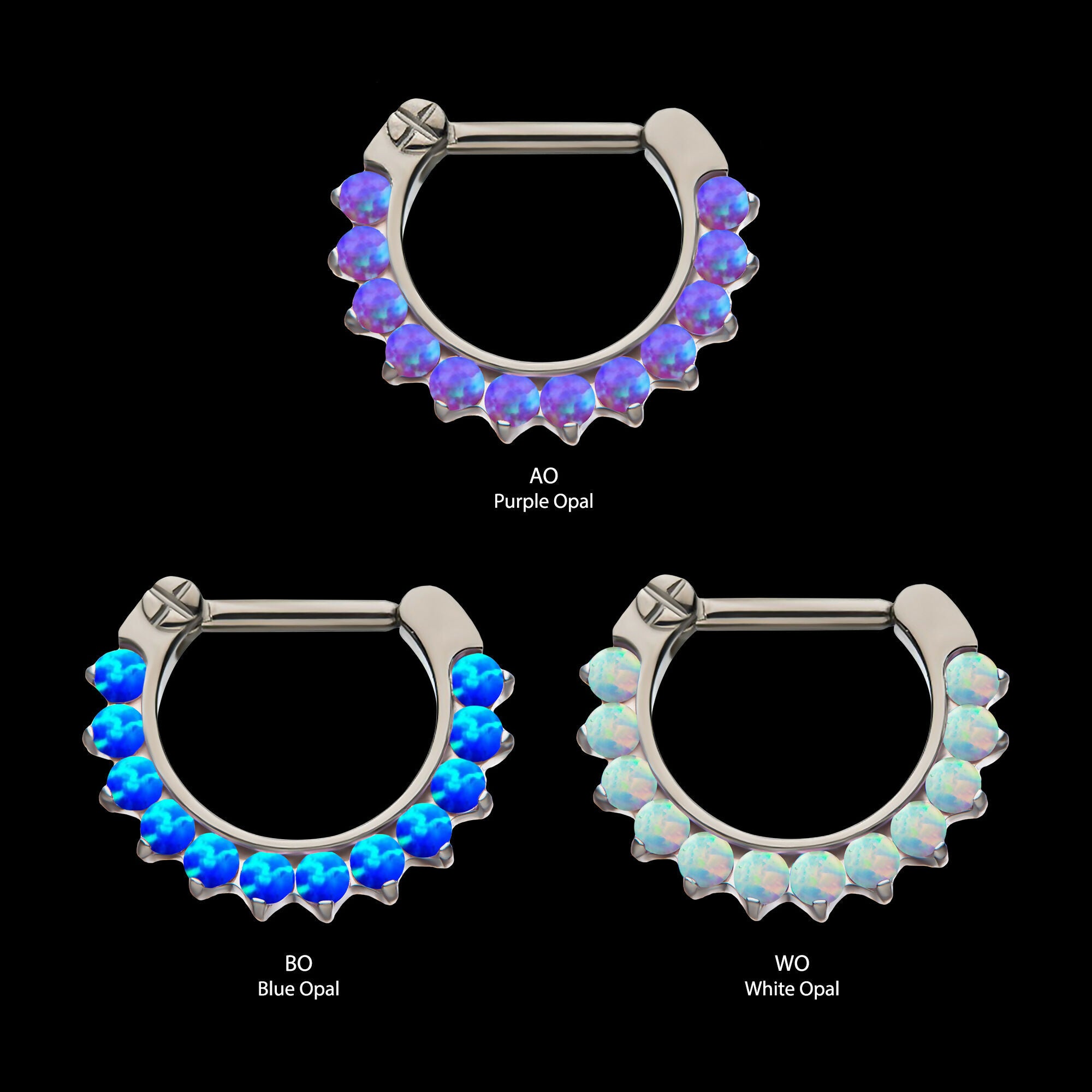 12-Cluster CZ/Opal Septum Clickers Hoop Earring / Nosering – Titanium