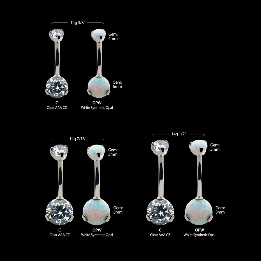 Prong Set Round AAA CZ/Synthetic Opal Detachable Top and Fixed Bottom Navel Curve Earring / Nosering – Titanium