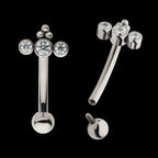 Internally Threaded with Tri Bead & 3-Cluster Bezel Set Clear AAA CZ Fixed Top Curved Barbell Earring / Nosering – Titanium