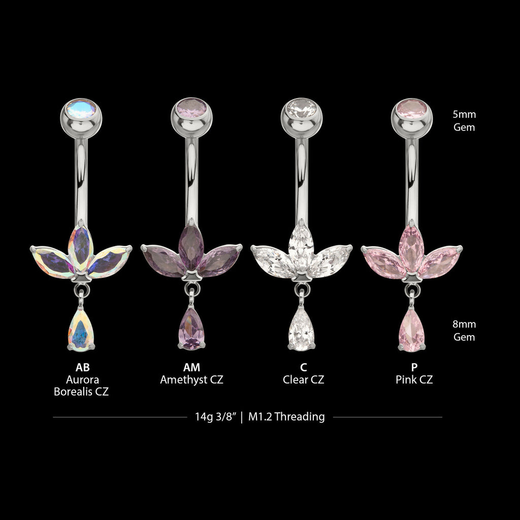 Internally Threaded Triple Marquise Gem Fan Navel with Floating Teardrop Gem Dangle Earring / Nosering – Titanium