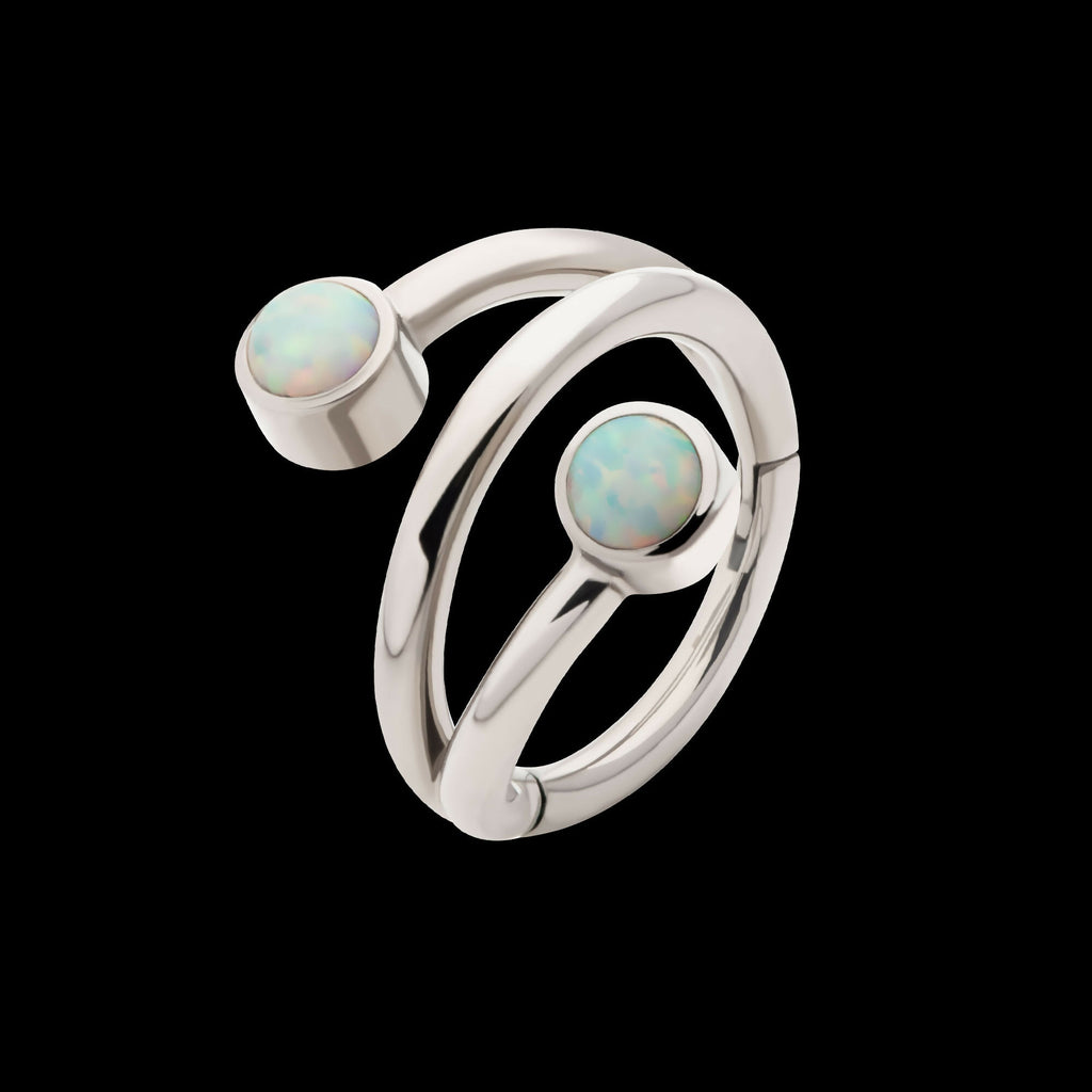 Double Ended Twist Side Facing Hinged Segment Clicker with Bezel Set White Opal Hoop Earring / Nosering – Titanium