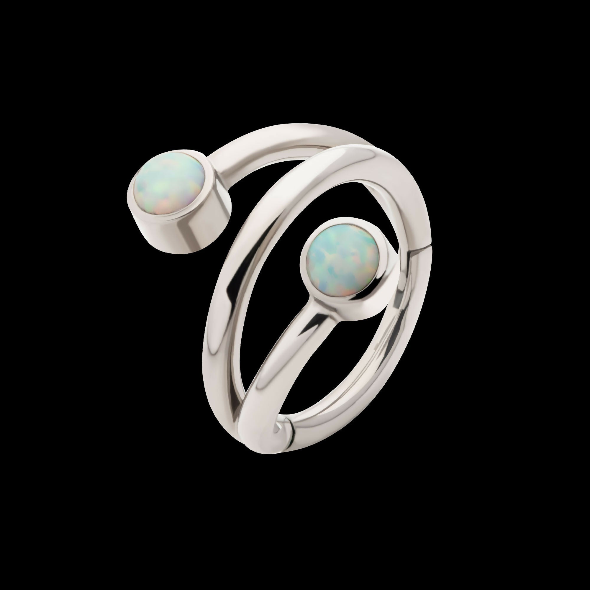 Double Ended Twist Side Facing Hinged Segment Clicker with Bezel Set White Opal Hoop Earring / Nosering – Titanium