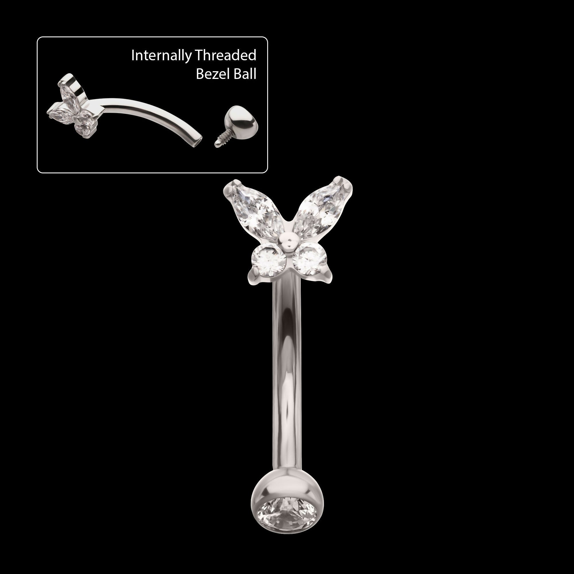 Internally Threaded Butterfly Fixed Top Curved Barbell with Prong Set Marquise & Round Gem Earring / Nosering – Titanium