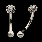 Internally Threaded with Beaded Bezel Set CZ Flower Fixed Top Curved Barbell Earring / Nosering – Titanium