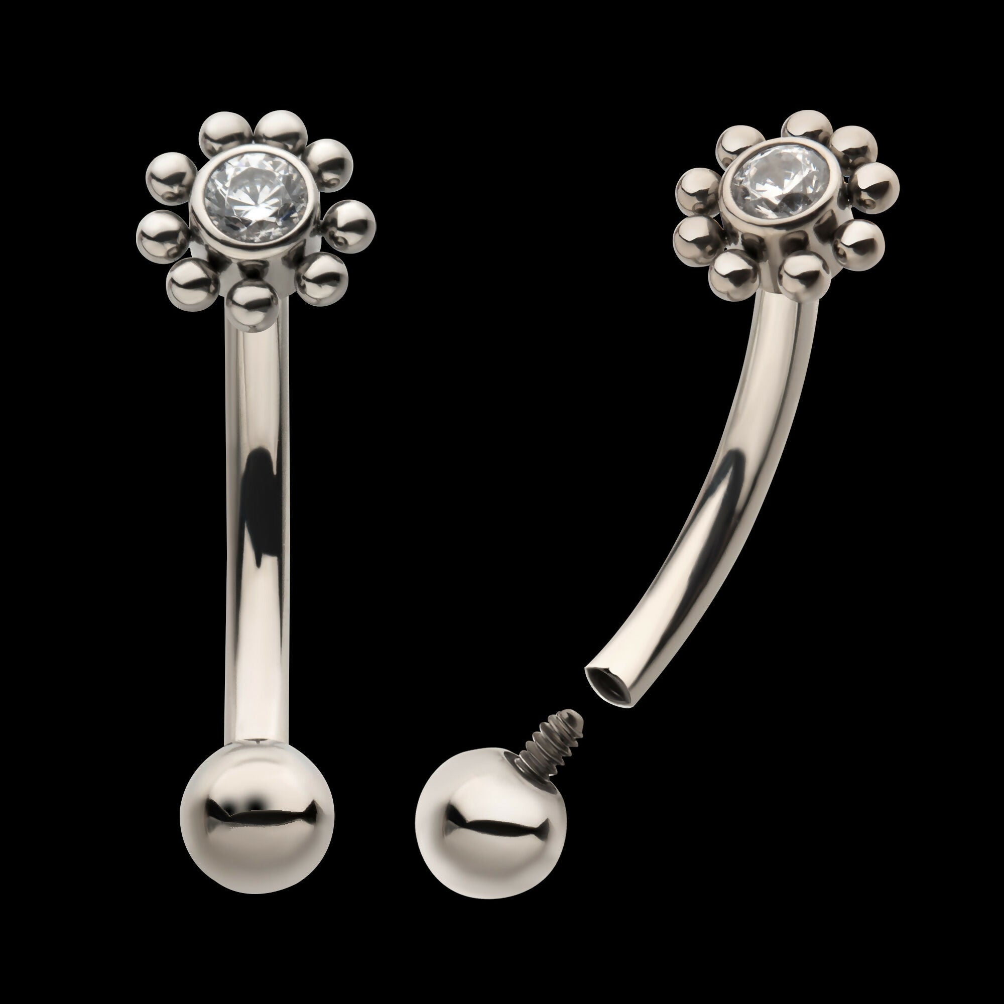 Internally Threaded with Beaded Bezel Set CZ Flower Fixed Top Curved Barbell Earring / Nosering – Titanium