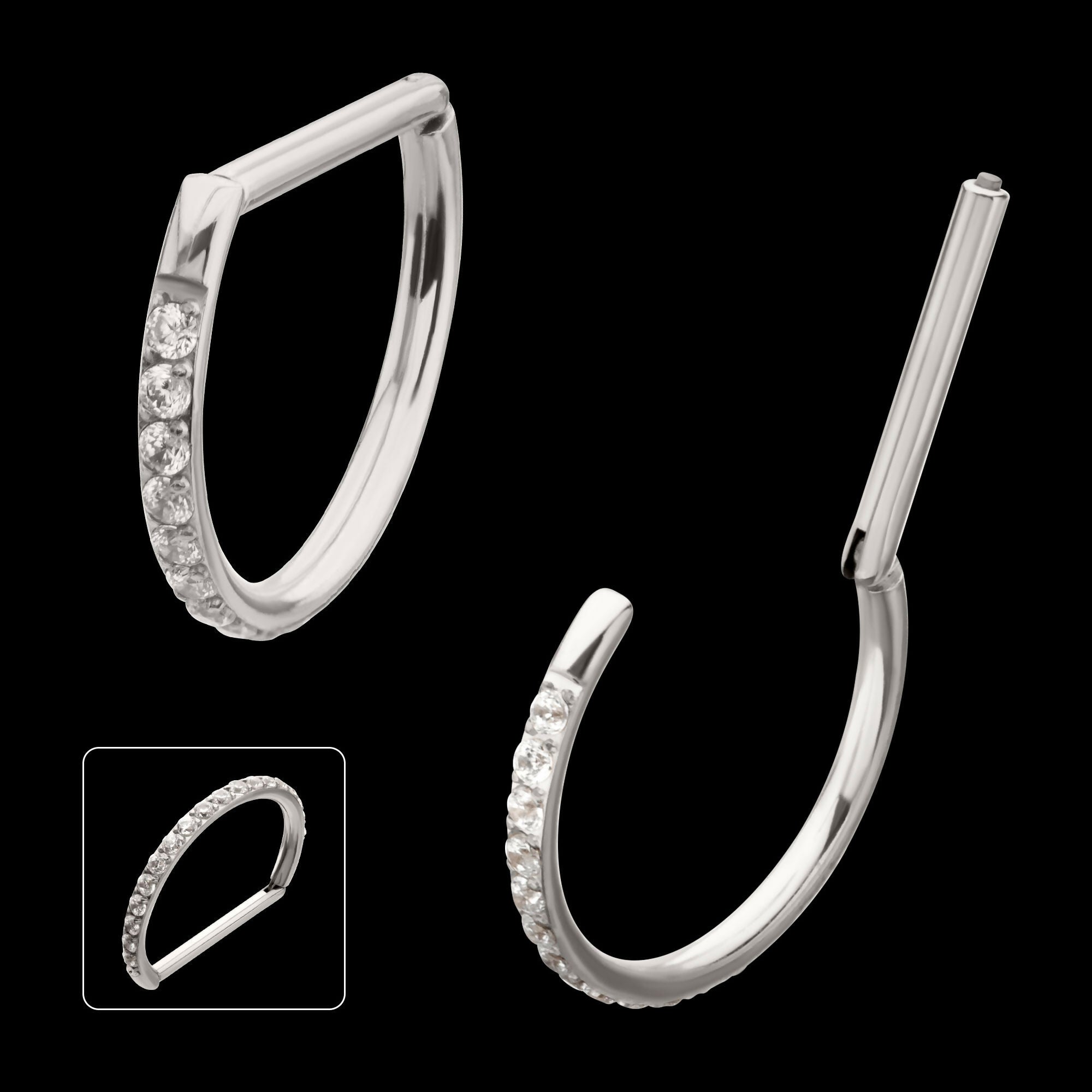 D-Ring Clicker with CNC Set Clear CZ Gem Hoop Earring / Nosering – Titanium