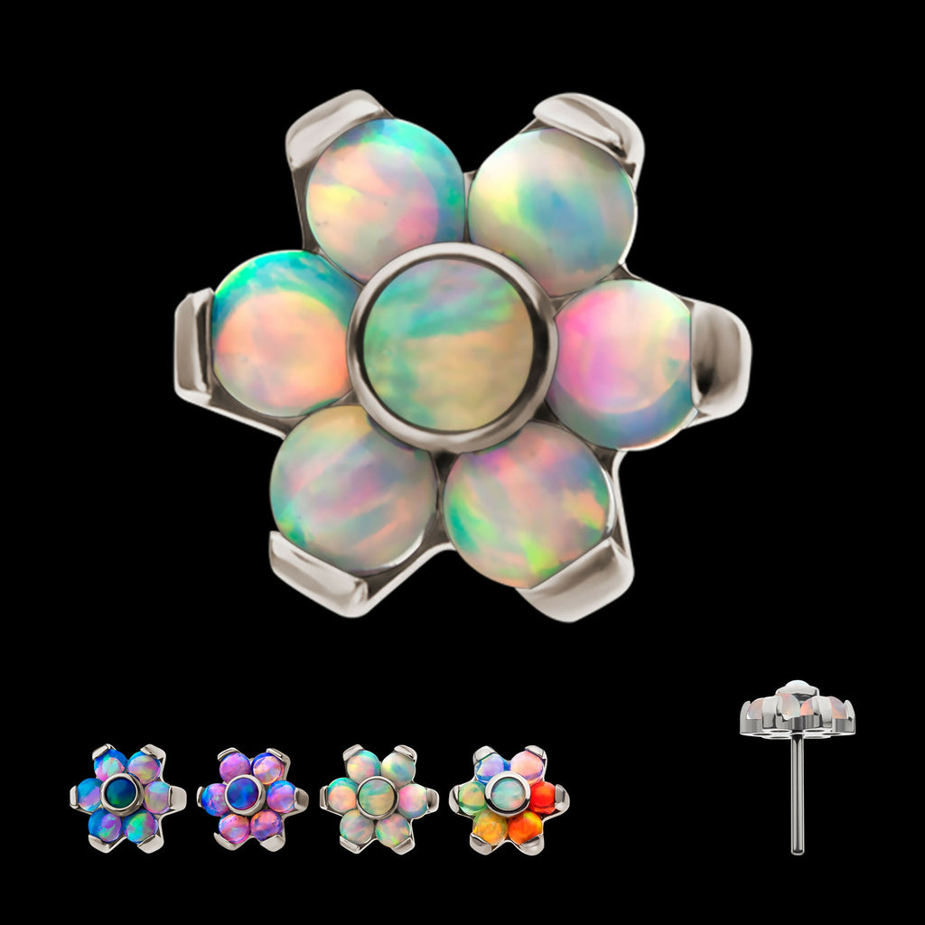 Titanium Threadless with Prong Set Multicolor 7 Rainbow Opal Flower Top