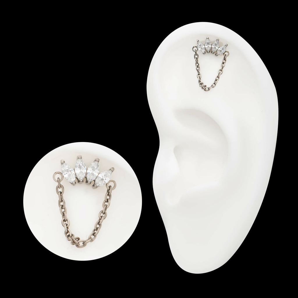 Titanium Threadless 4-Cluster Marquise AAA CZ Top with Dangle Chain