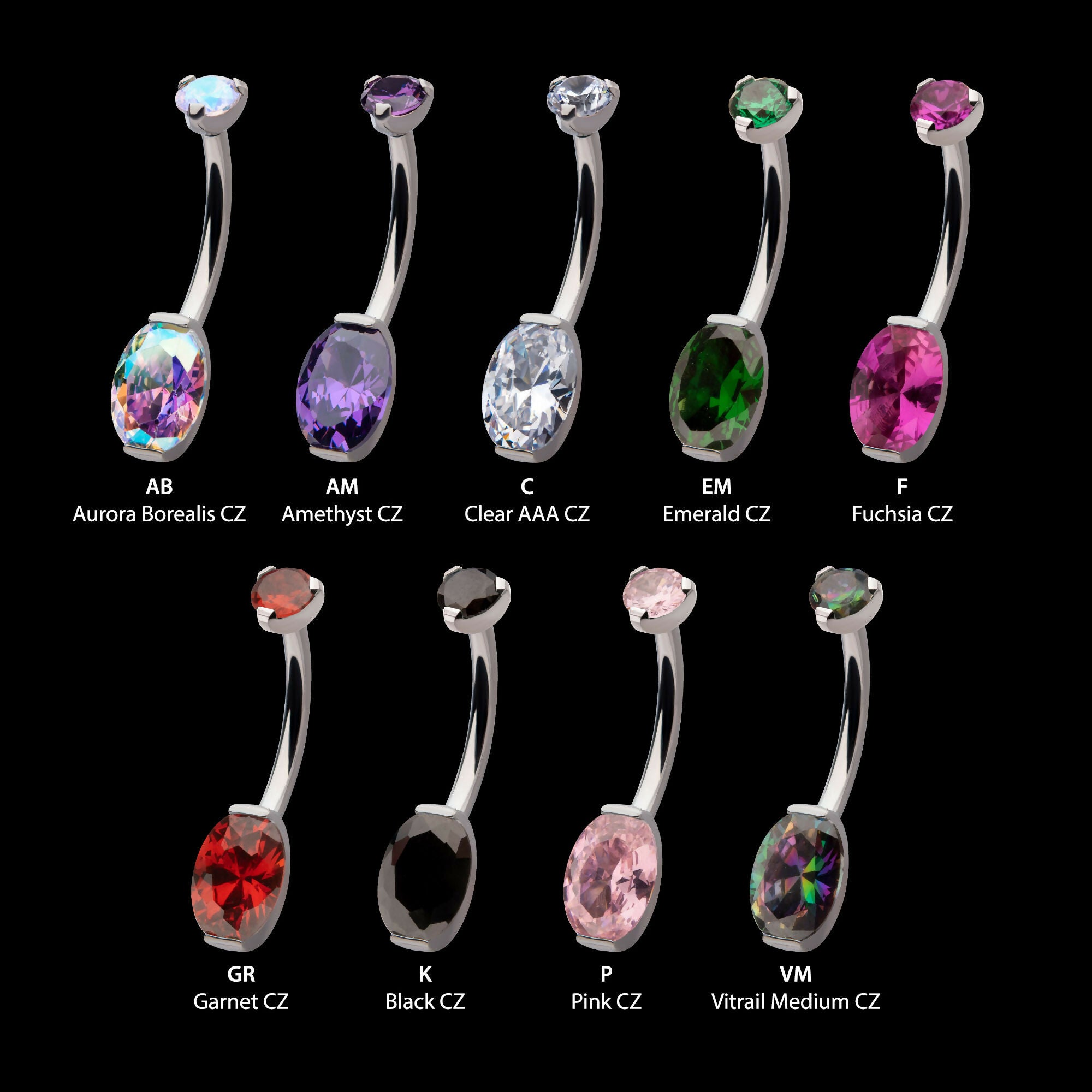 Internally Threaded Double Gem with Prong Set Oval Fixed Bottom Navel Earring / Nosering – Titanium