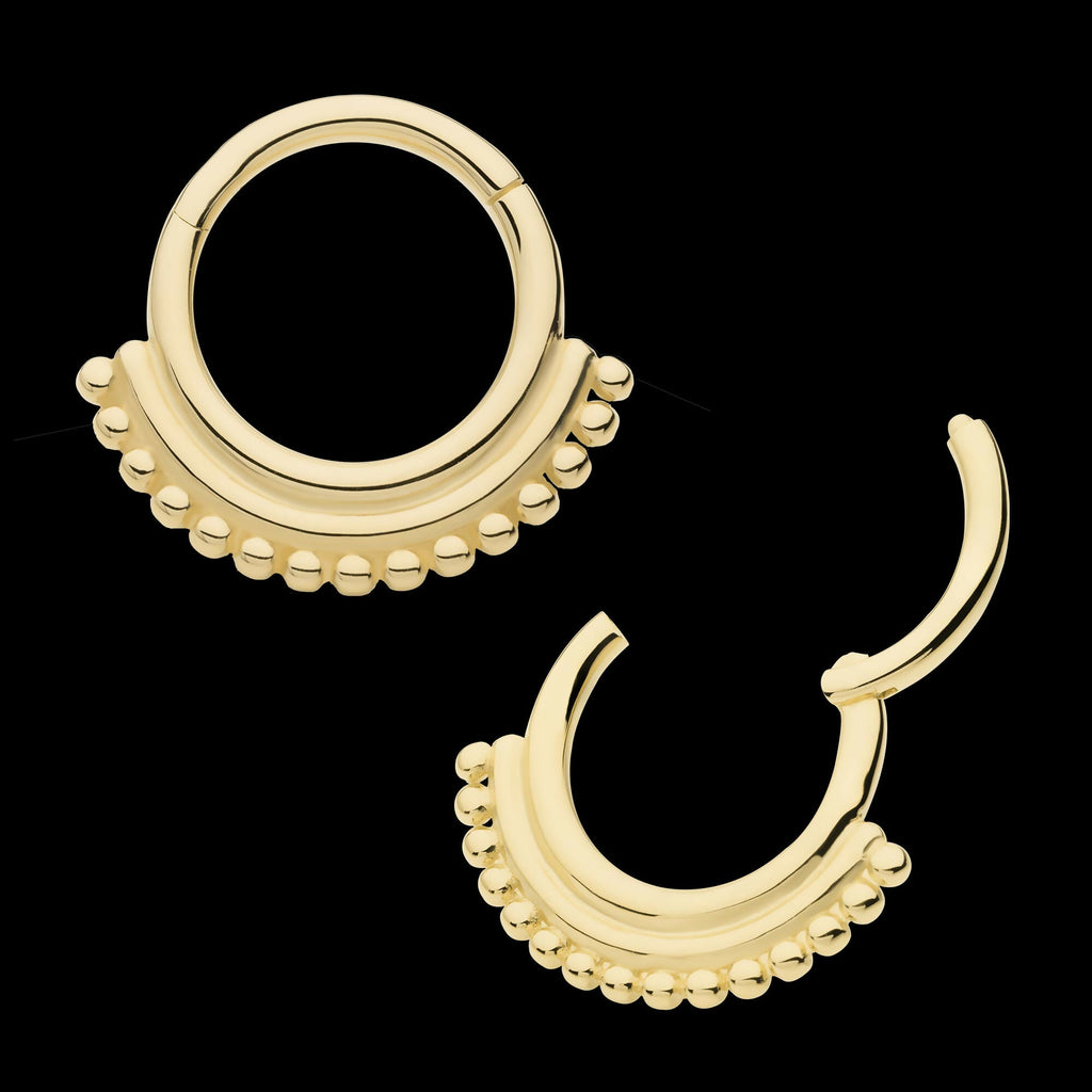 15 Bead Cluster Double Hoop Front Facing Hinged Segment Clicker Earring / Nosering – 14Kt Yellow Gold