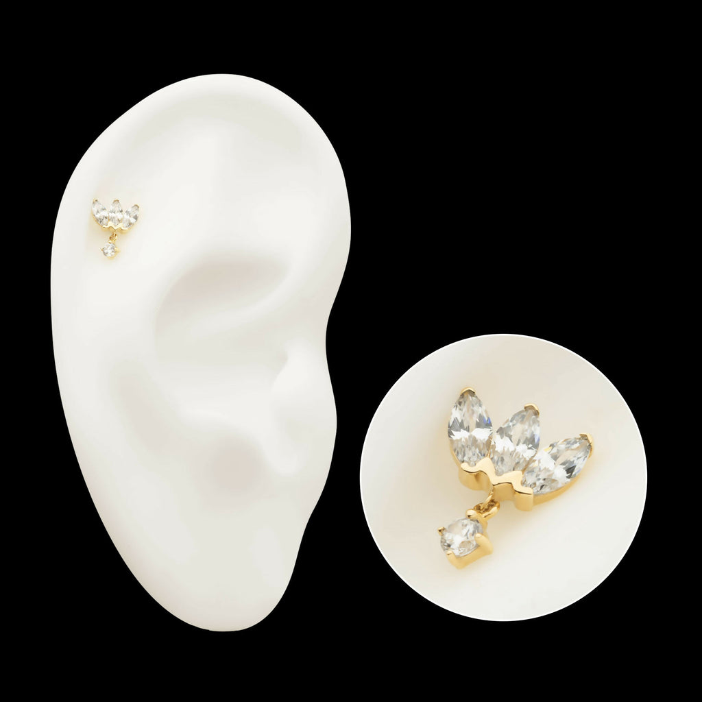 14Kt Gold Threadless 3 Cluster Fan Shape Marquise CZ/Opal Top with Dangle Prong Set CZ/Opal