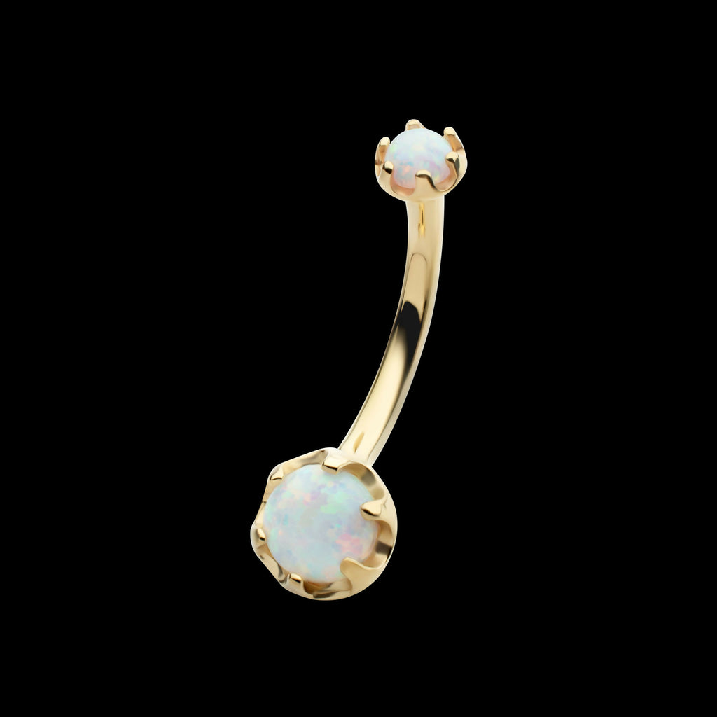 14Kt Yellow Gold Internally Threaded Double Round 6-Prong White Opal Fixed Bottom Navel
