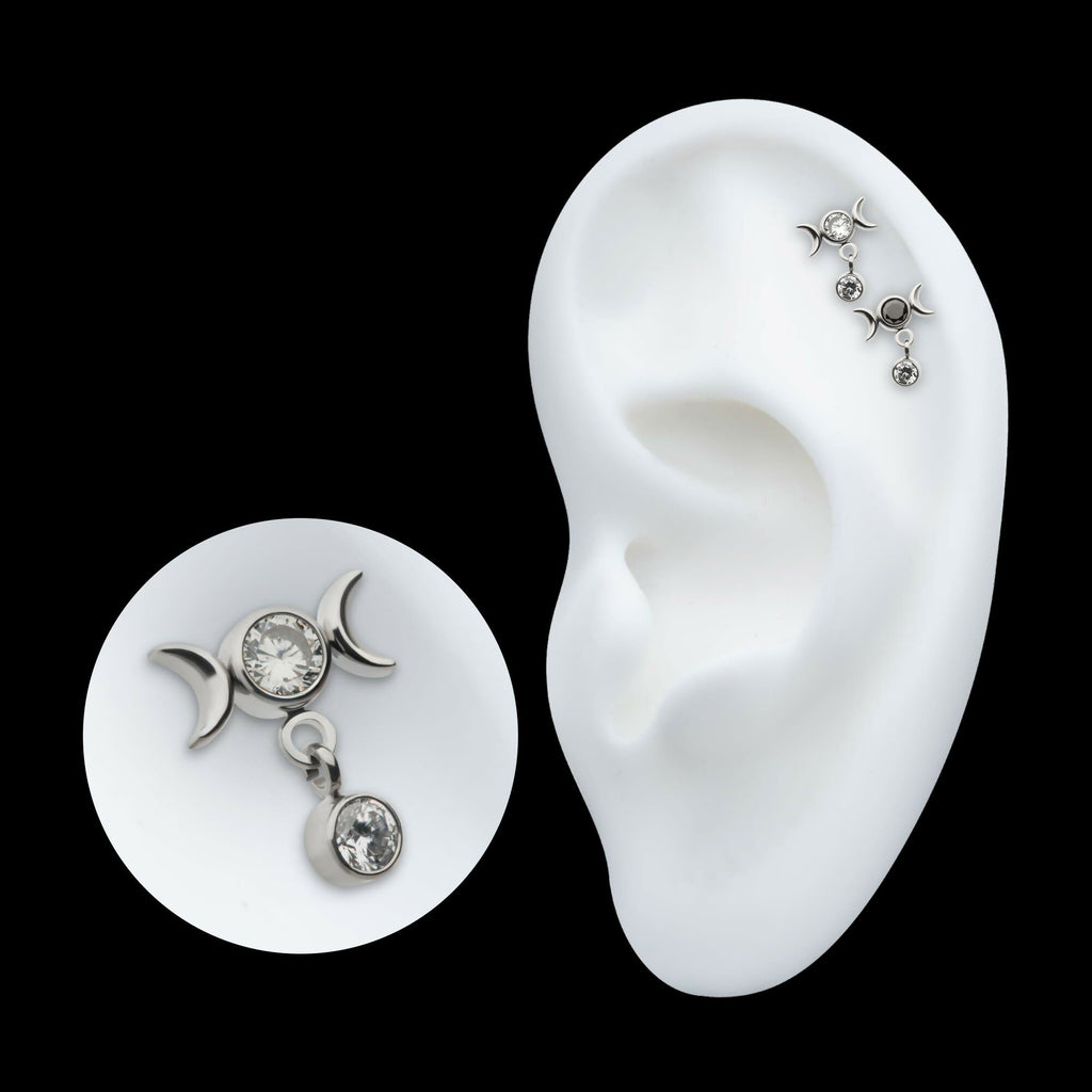 Titanium Threadless Dangle Bezel Round CZ Triple Moon Phase Gem Top