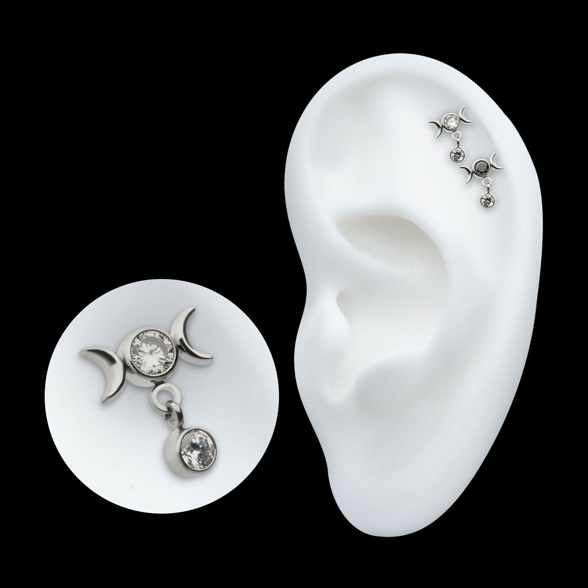 Titanium Threadless Dangle Bezel Round CZ Triple Moon Phase Gem Top