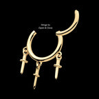 Triple Dagger Dangle Charm Hinged Segment Clicker Hoop Earring / Nosering – 14Kt Yellow Gold