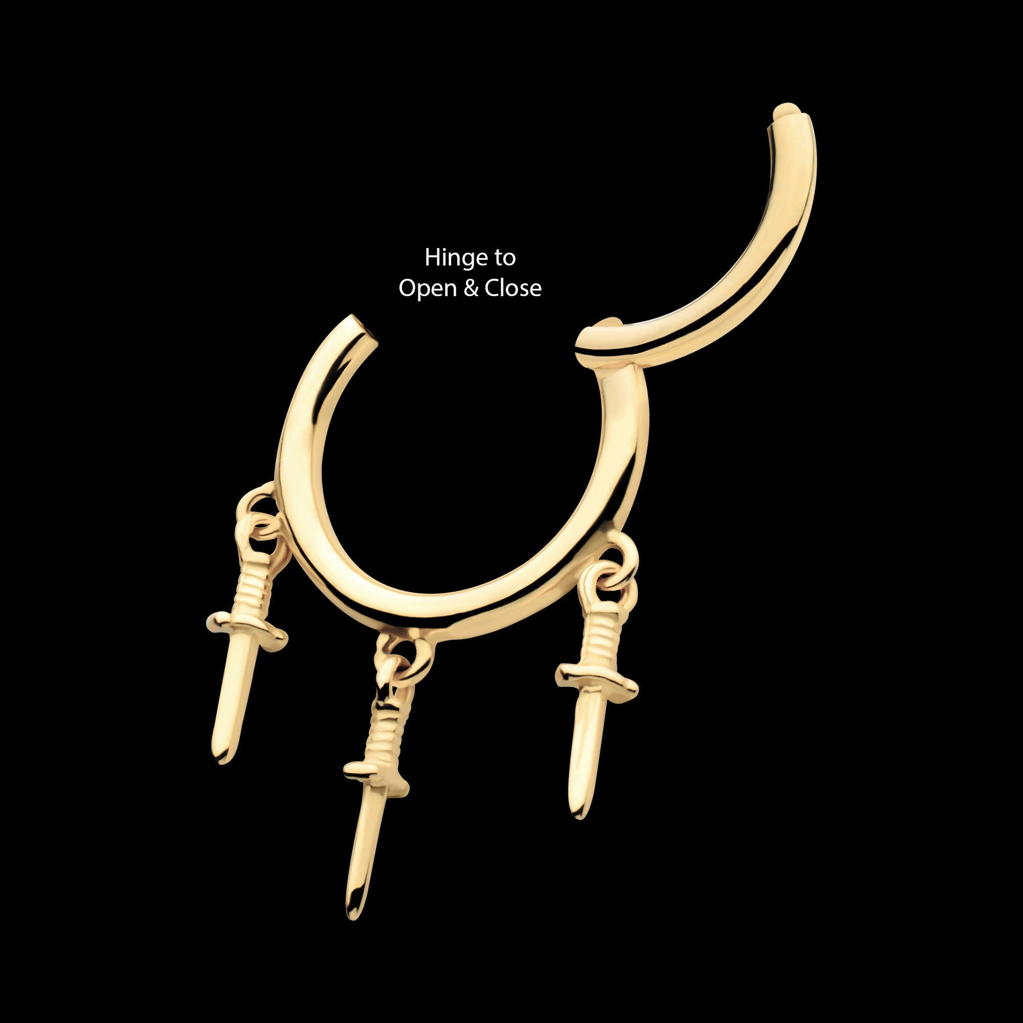 Triple Dagger Dangle Charm Hinged Segment Clicker Hoop Earring / Nosering – 14Kt Yellow Gold