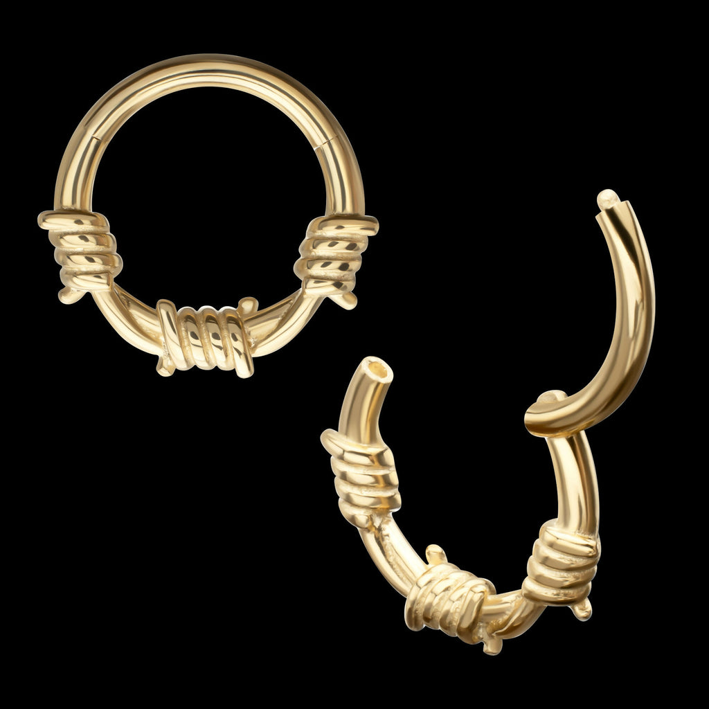 Single Sculpted Barbed Wire Wrap Front Facing Hinged Segment Clicker Hoop Earring / Nosering – 14Kt Yellow Gold