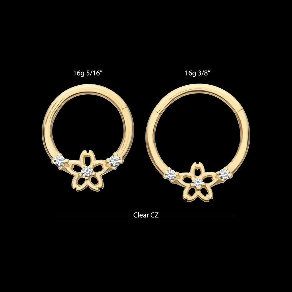 Prong Set Gem Cherry Blossom Flower Front Facing Hinged Segment Clicker Hoop Earring / Nosering – 14Kt Yellow Gold
