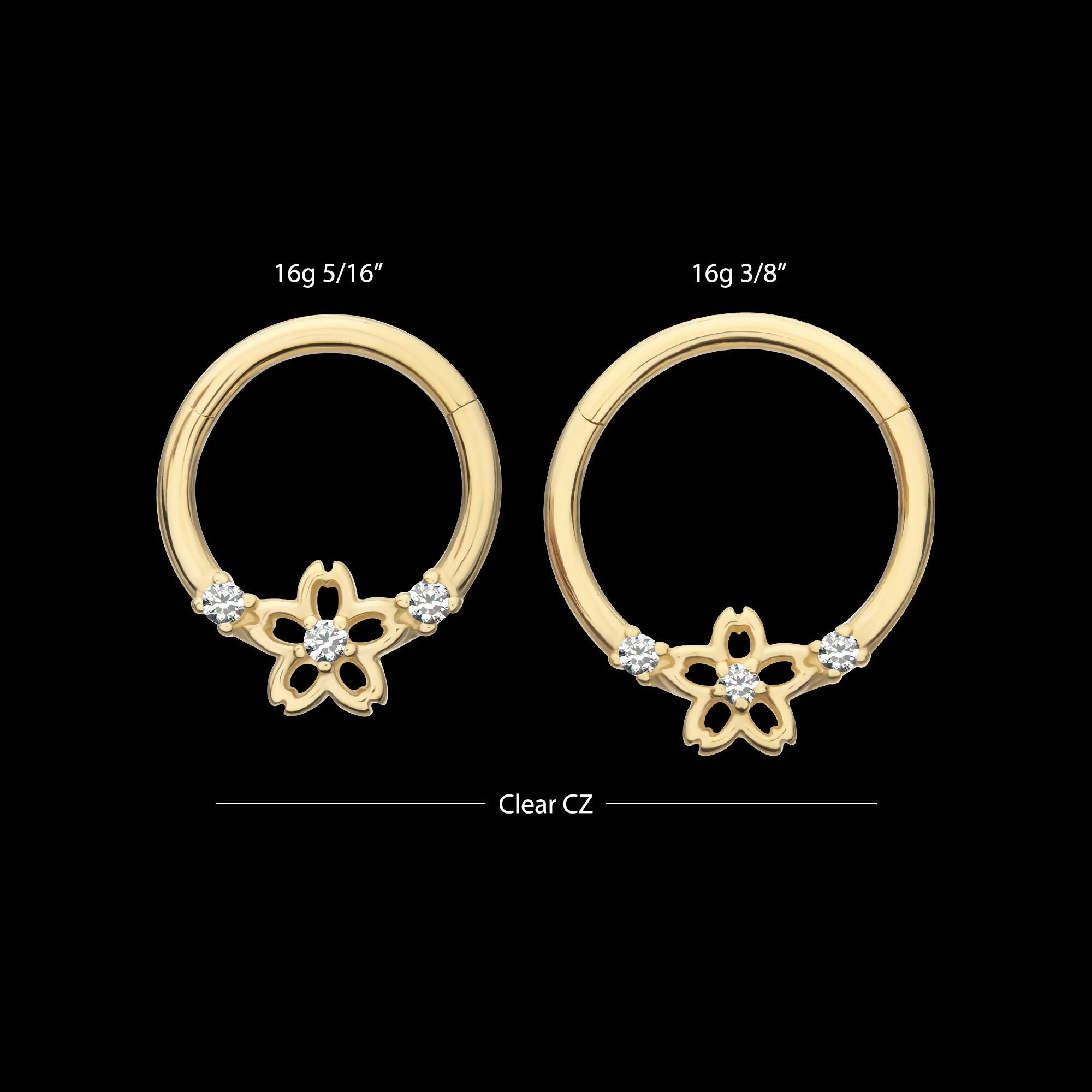 Prong Set Gem Cherry Blossom Flower Front Facing Hinged Segment Clicker Hoop Earring / Nosering – 14Kt Yellow Gold