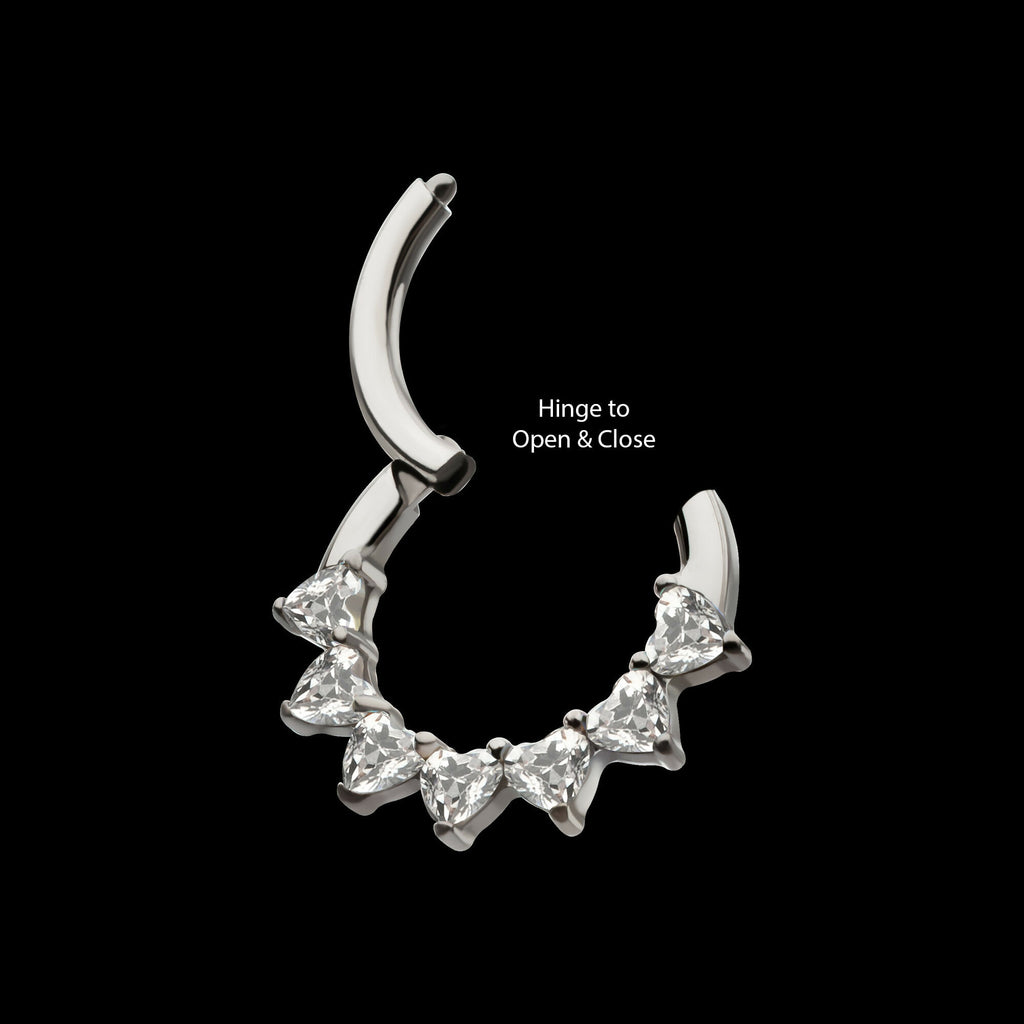 Seven Heart-Cut Gem Front Facing Hinged Segment Clicker Hoop Earring / Nosering – Titanium