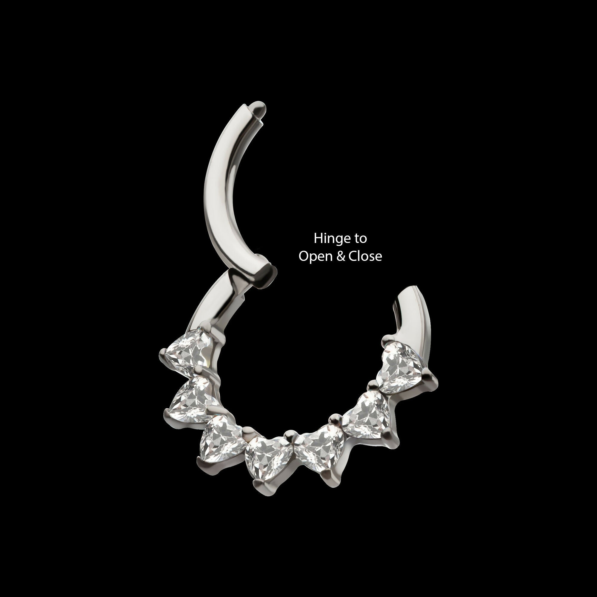 Seven Heart-Cut Gem Front Facing Hinged Segment Clicker Hoop Earring / Nosering – Titanium