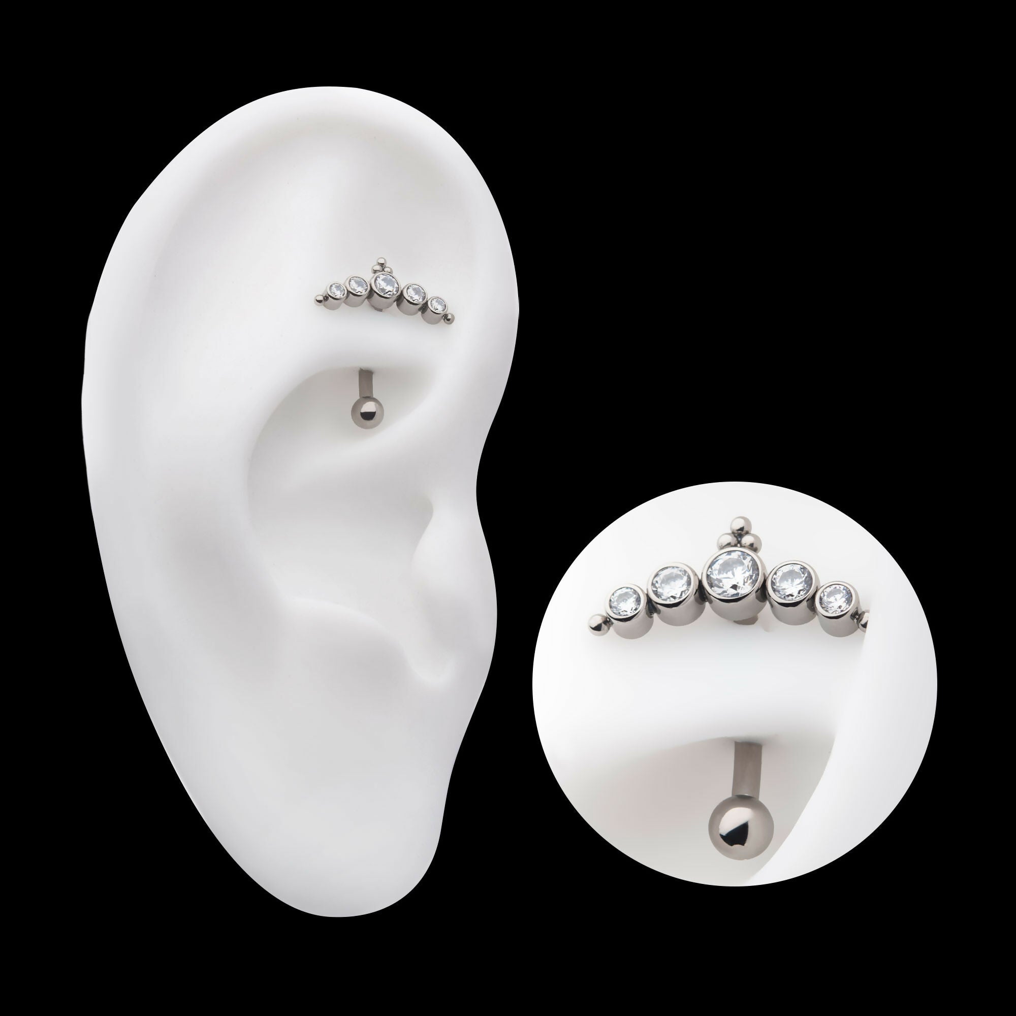 Internally Threaded with Tri Bead & 5-Cluster Bezel Set Clear AAA CZ Fixed Top Curved Barbell Earring / Nosering – Titanium